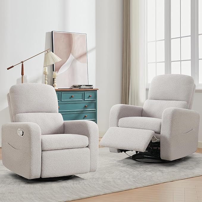 AEMEIOS Swivel Rocker Recliner, Oversized Teddy Manual Nursery Glider Rocking Recliner with Removable Cushion, Upholstered Boucle Swivel Reclining Chair for Nursery Living Room Bedroom, Teddy Gray