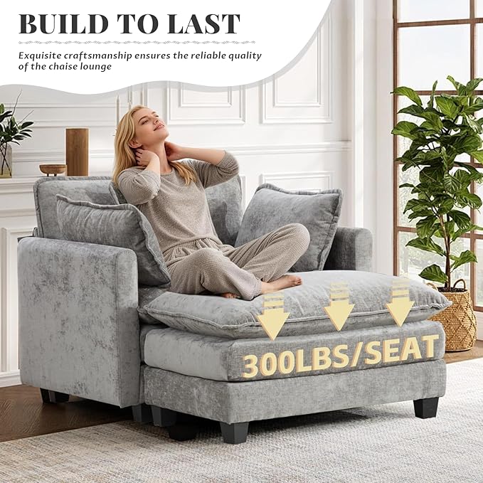 SoarFlash Chenille Sectional Sofa, Comfy Modular Single Sofa with Ottoman, Modern Recliner Deep Seat Sofa Set for Living Room,Grey