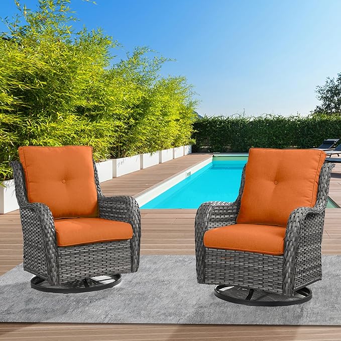 Belord Outdoor Swivel Rcoker Wicker Chairs - Swivel Patio Chairs Set of 2 Patio Furniture Sets with Covered Cushion for Porch Deck Balcony Backyard, Orange Cushion
