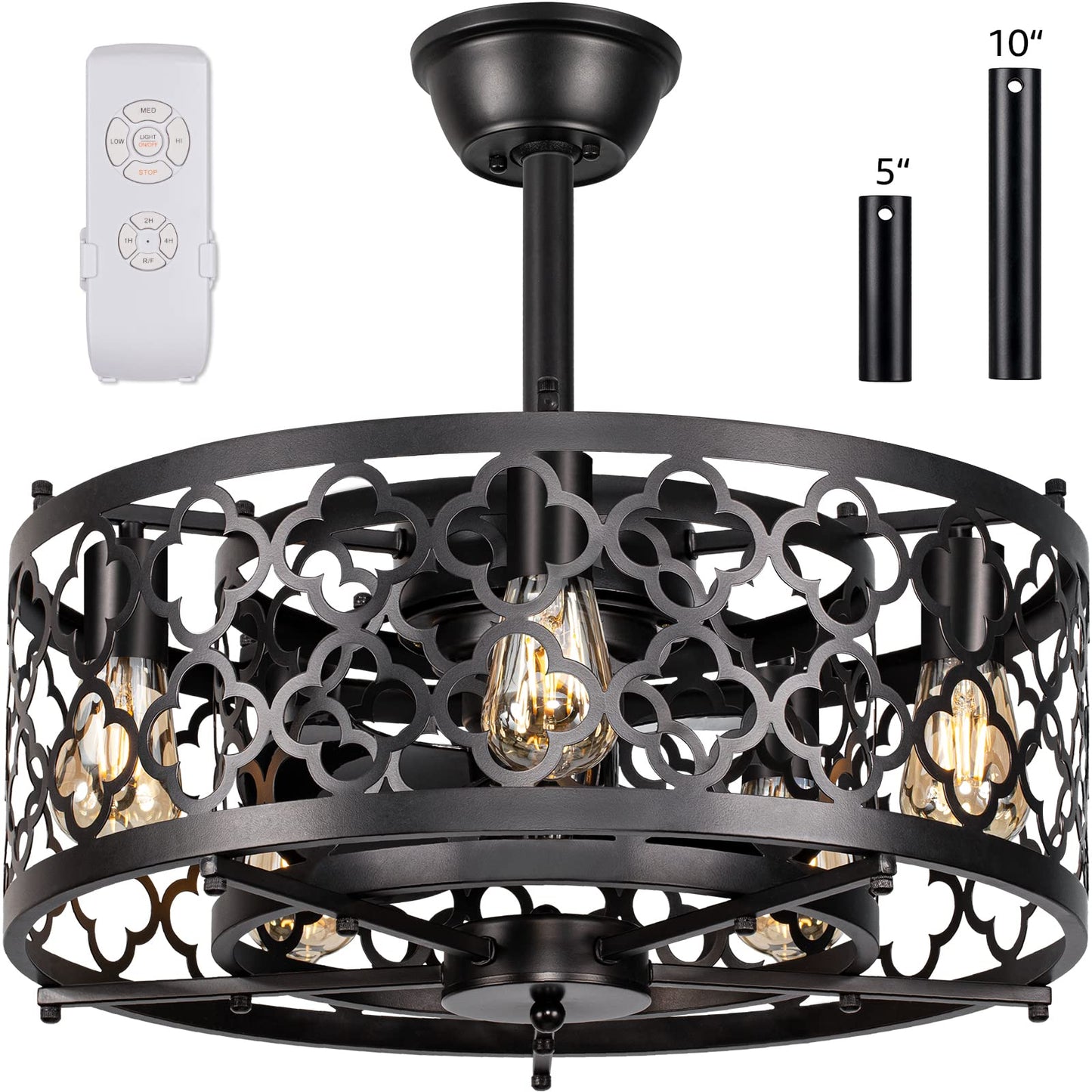 Sunvie Caged Ceiling Fan With Lights Remote Control 21In Industrial Bladeless Enclosed Ceiling Fan Light With Reversible Motor F