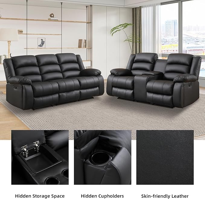 EBELLO Faux Leather Manual Recliner Sofa Set, Loveseat Reclining Sofa and 3 Seat Recliner Sofa, Couch Set for Living Room, Bedroom, Meeting Room, Black (Loveseat+Sofa)