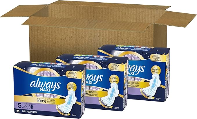 Always Maxi Overnight Pads with Wings, Size 5, Extra Heavy Overnight, Unscented, 72 Count