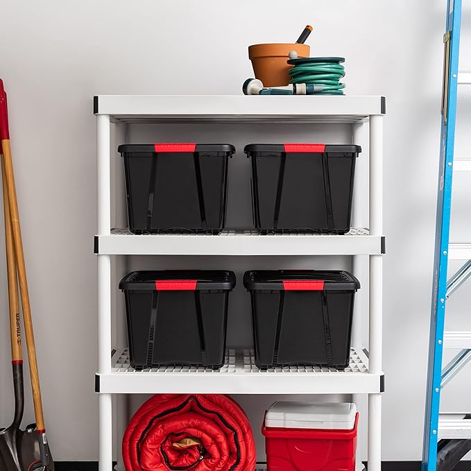 IRIS USA 40 Qt Stackable Plastic Storage Bins with Lids, 4 Pack - BPA-Free, Made in USA - Garage Organizing Solution, Latches, Durable Nestable Containers, Secure Pull Handle - Black