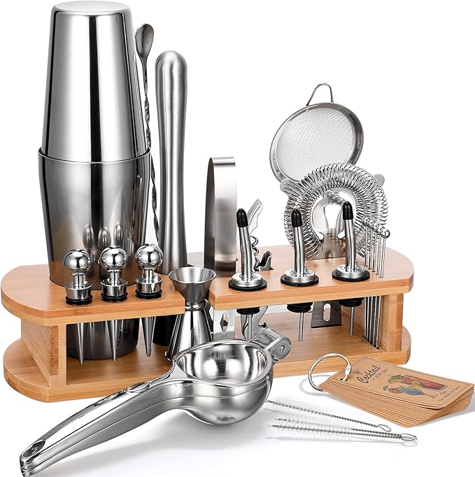 24-Piece Cocktail Shaker Bartender Kit with Stand, Boston Shaker, Mixing Spoon, Muddler, Measuring Jigger, Lemon Squeez, T...