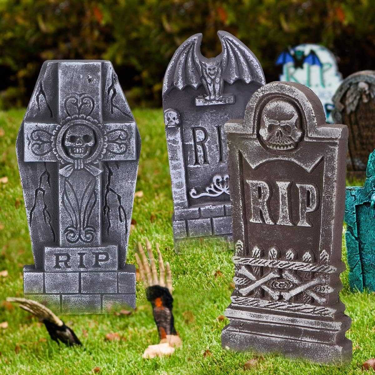 Sizonjoy AYOGU 17” Halloween Foam RIP Graveyard Tombstones, 5 Pack Tombstone with 10 Metal Stakes for Halloween Decorations