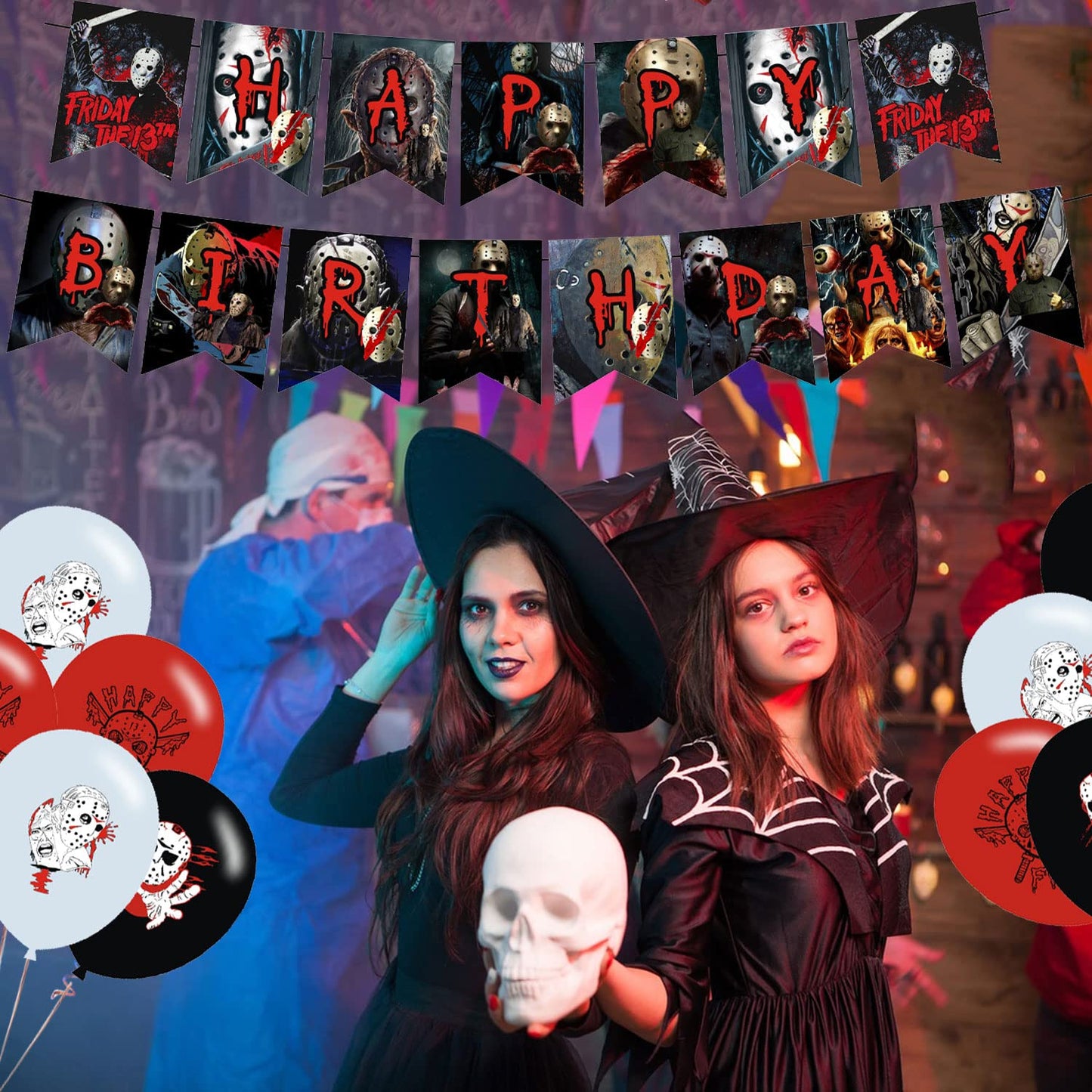 Party Decorations,Birthday Party Supplies for Horror Movie Party Supplies Includes Banner - Cake Topper - 12 Cupcake Toppers - 18 Balloons