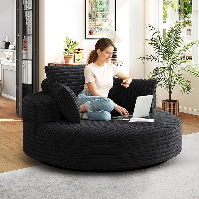 360-Degree Oversized Swivel Chair, Modern Round Circle Corduroy Comfy Deep Seat Swivel Accent Chaise Lounge Sofa Chair with Back Cushion & 2 Throw Pillows for Living Room Bedroom Office, Black