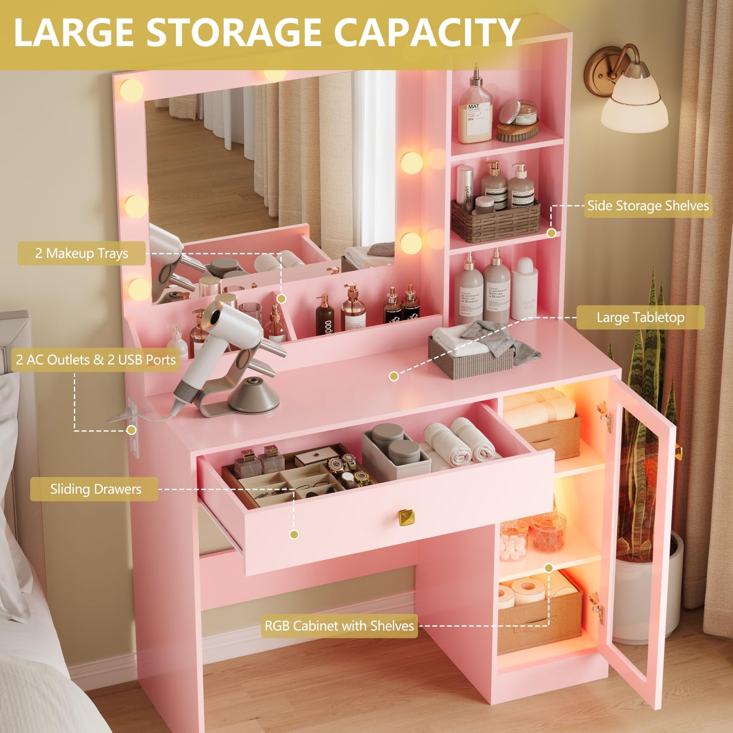Vanity Desk with Mirror and Lights, Small Makeup Vanity Table with RGB Storage Cabinet & Power Strips & Shelves, 3 Lighting Modes & Adjustable Brightness, Dressing Table for Women Girls Bedroom, Pink