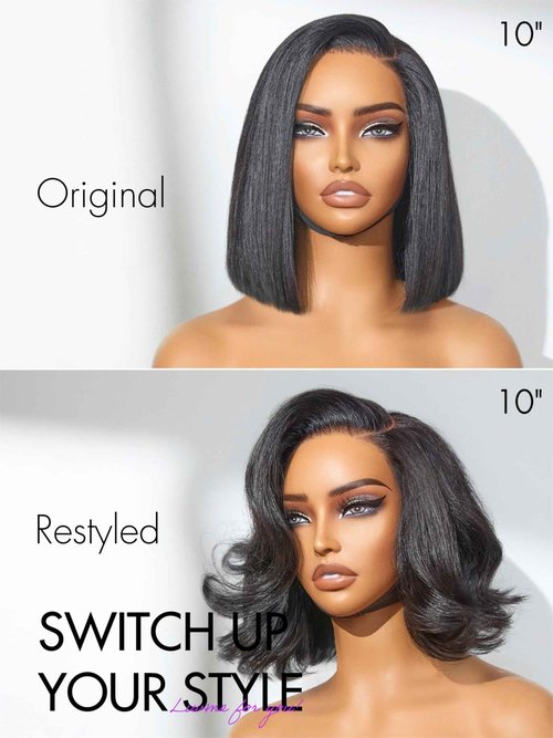 LUVME HAIR Bob Wig 100% Human Hair Wigs Glueless Lace Front 200% Density 10 Inches Bob, Pre Cut Plucked Lace Short Wig Ready To Go Natural Color Straight Bleached Knots Side Part Black Wigs