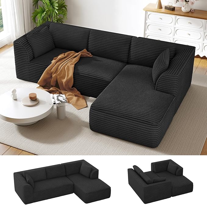 Vesgantti 106" Modular Sectional Sofa with Chaise, Deep Seat Comfy Cloud Couch Corduroy L Shaped Sofa Sectional Couches for Living Room Bedroom, No Assembly Required (Black, Right-Facing Chaise)