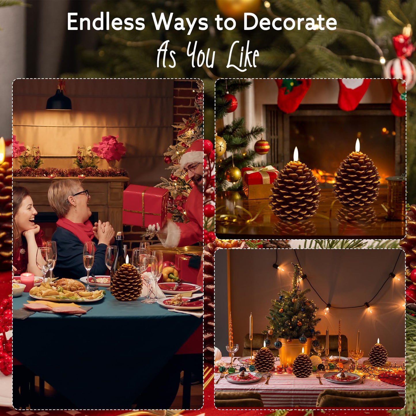 AFINETH Christmas Flameless Pinecone Candles with Remote, Real Wax Battery Operated Pine Cone Candles, 2 Pack Flickering Led Candle Christmas Decorations for Winter Home Holiday Xmas Gift, Brown
