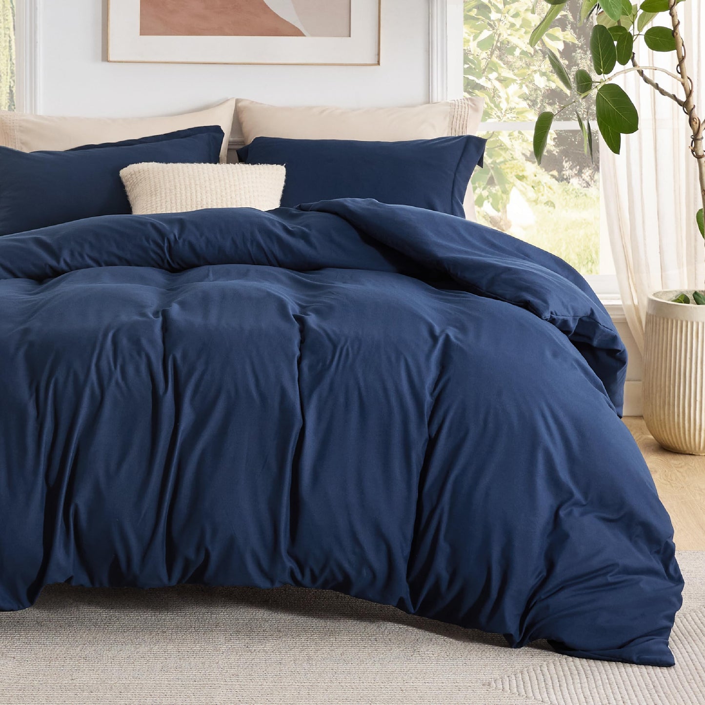 Bedsure Duvet Cover with Fitted Sheet Queen - 4 Pieces, Soft Double Brushed Bedding Set with Zipper Closure, Includes 1 Duvet Cover (90"x90"), 1 Fitted Sheet, 2 Pillow Shams, NO Comforter, Navy Blue