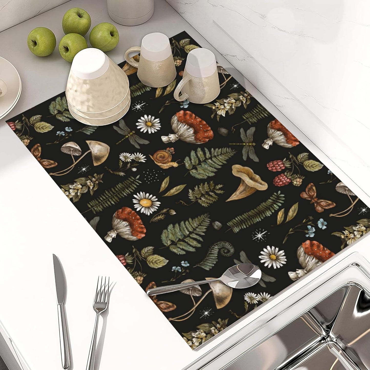 Large Dish Drying Mat for Kitchen Counter,18"X24" Amanita Mushroom and Forest Plants Absorbent Reversible Microfiber Dish Drying Mat Dish Drainer Mat Drying Pad for Kitchen Countertop Coffee Bar