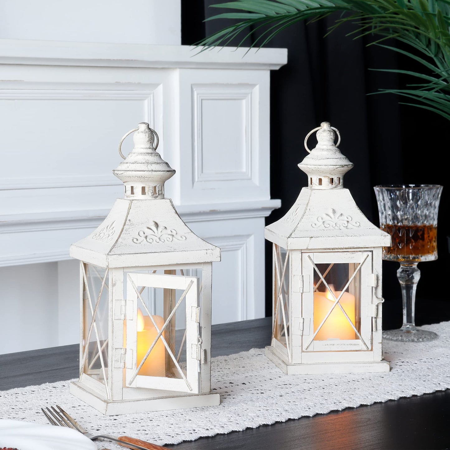 TRIROCKS Set of 2 Decorative Candle Lantern 11'' High Metal Candle Holder Hanging Lantern Perfect for Home Decor Halloween Living Room Parties Events Tabletop Indoors Outdoors (White with Gold Brush)