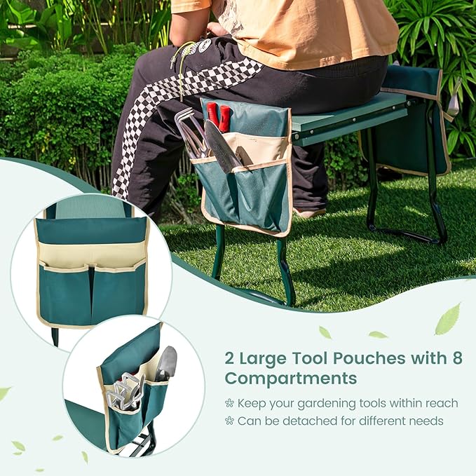 Goplus Garden Kneeler and Seat, Foldable Garden Bench for Kneeling & Sitting, Widened 8" EVA Soft Foam Pad, Heavy-Duty Garden Stool w/ 2 Large Tool Pouches, Gardening Gift for Women Men Seniors