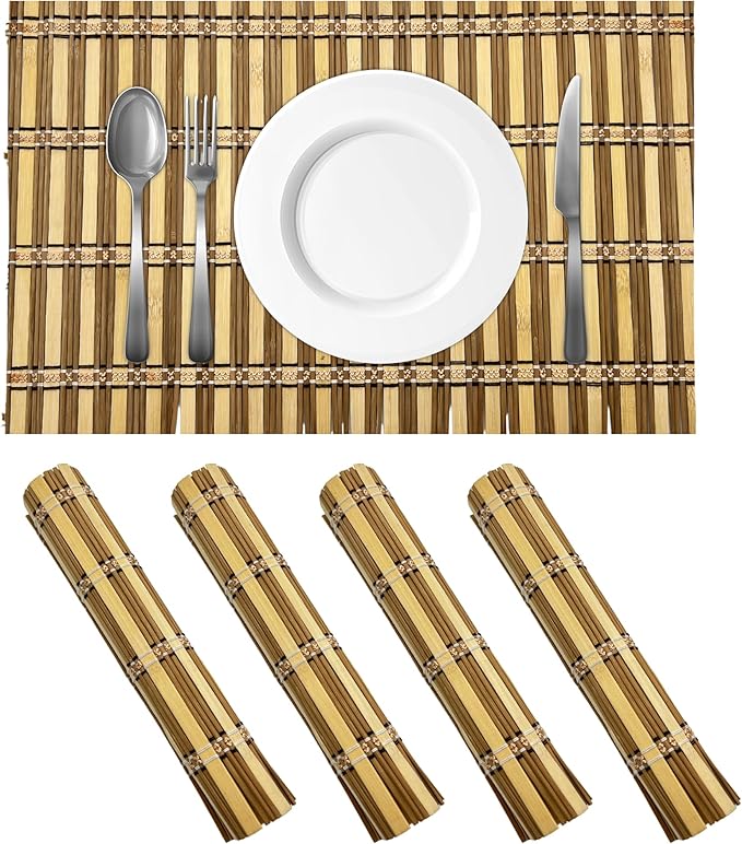 Bamboo Essentials Bamboo Placemats 4 Pack Heat-Resistant, Non-Slip Lightweight & Portable for Dining/Picnics Made for Any ...
