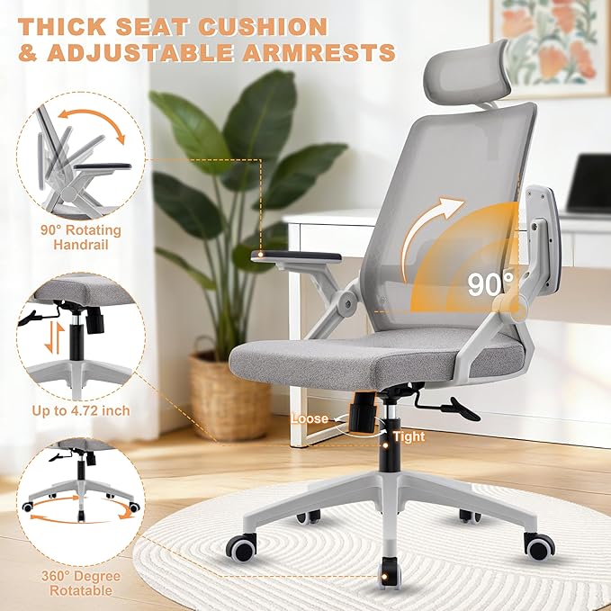 Msdizuo Ergonomic Office Computer Chair for All-Day Comfort, Dynamic Lumbar Support & Adjustable Headrest, 90° Swivel Flip-Up Arms Mesh Desk Chair - White, Tilt Lock, 350lbs