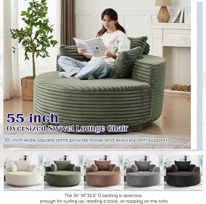 360-Degree Oversized Swivel Chair, Modern Round Circle Corduroy Comfy Deep Seat Swivel Accent Chaise Lounge Sofa Chair with Back Cushion & 2 Throw Pillows for Living Room Bedroom Office, Green