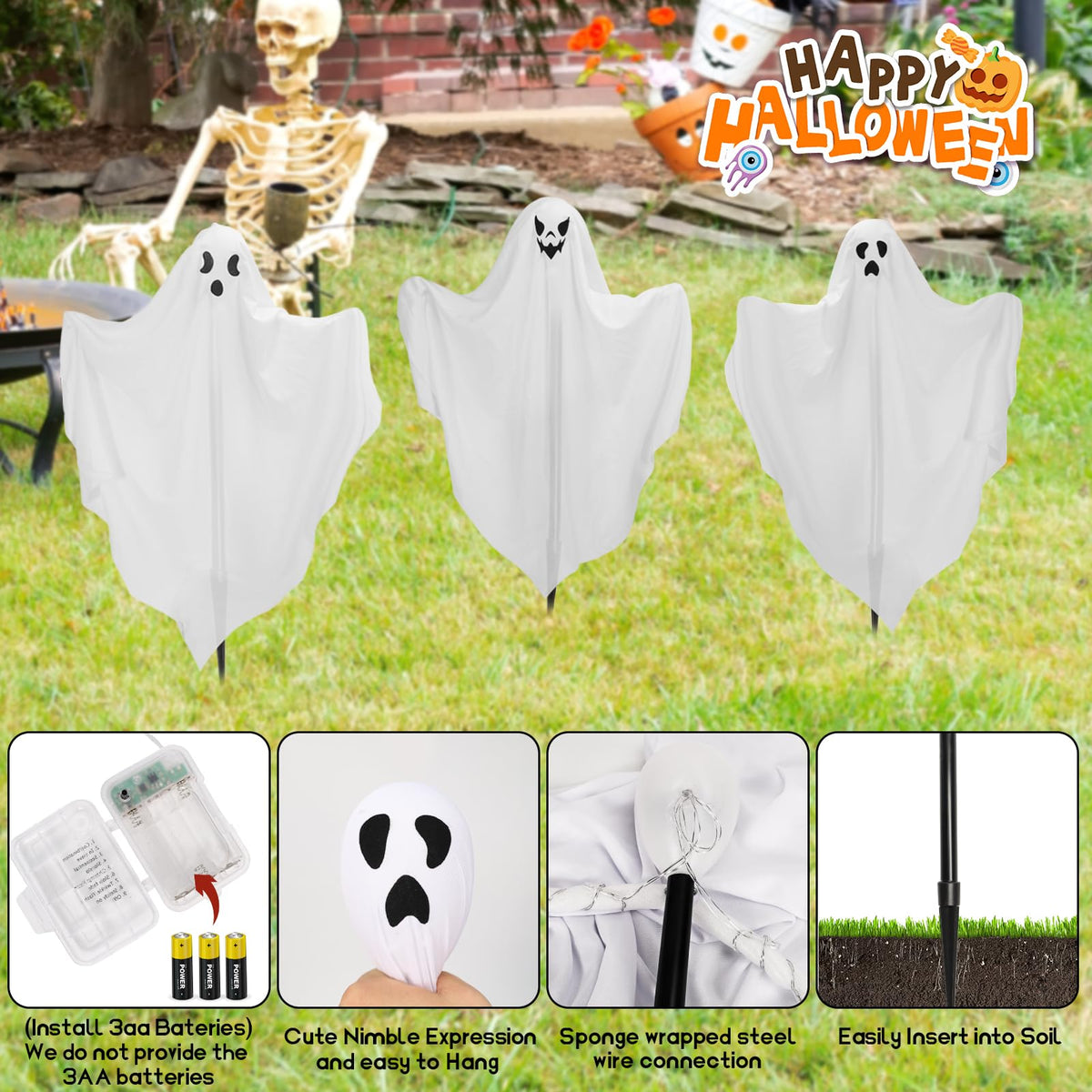 [8Light-Modes] Sets of 3 Halloween Ghost Light Stakes, Flying Ghost Halloween Decorations, LED Lighted Ghost Yard Stakes Outdoor Scary Hanging Ornament for Lawn, Yard, Patio, Haunted House