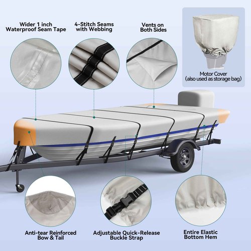 Heavy Duty 5 Layers 1200D Jon Boat Cover 16ft - 18ft with Motor Cover, 100% Waterproof Trailerable Jon Boat Covers 16-18 Foot with 11+4 Pcs Windproof Straps