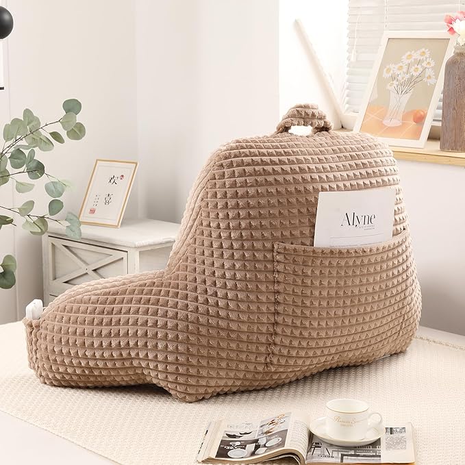 PAJEO Reading Pillow for Sitting in Bed, Large Backrest Reading Pillow with Arm Rest,Back-Rest Support Cushion for Sit Up on Couch, Sofa, and Floor, Dorm Essentials (Khaki Flannel, Standard(17inch))