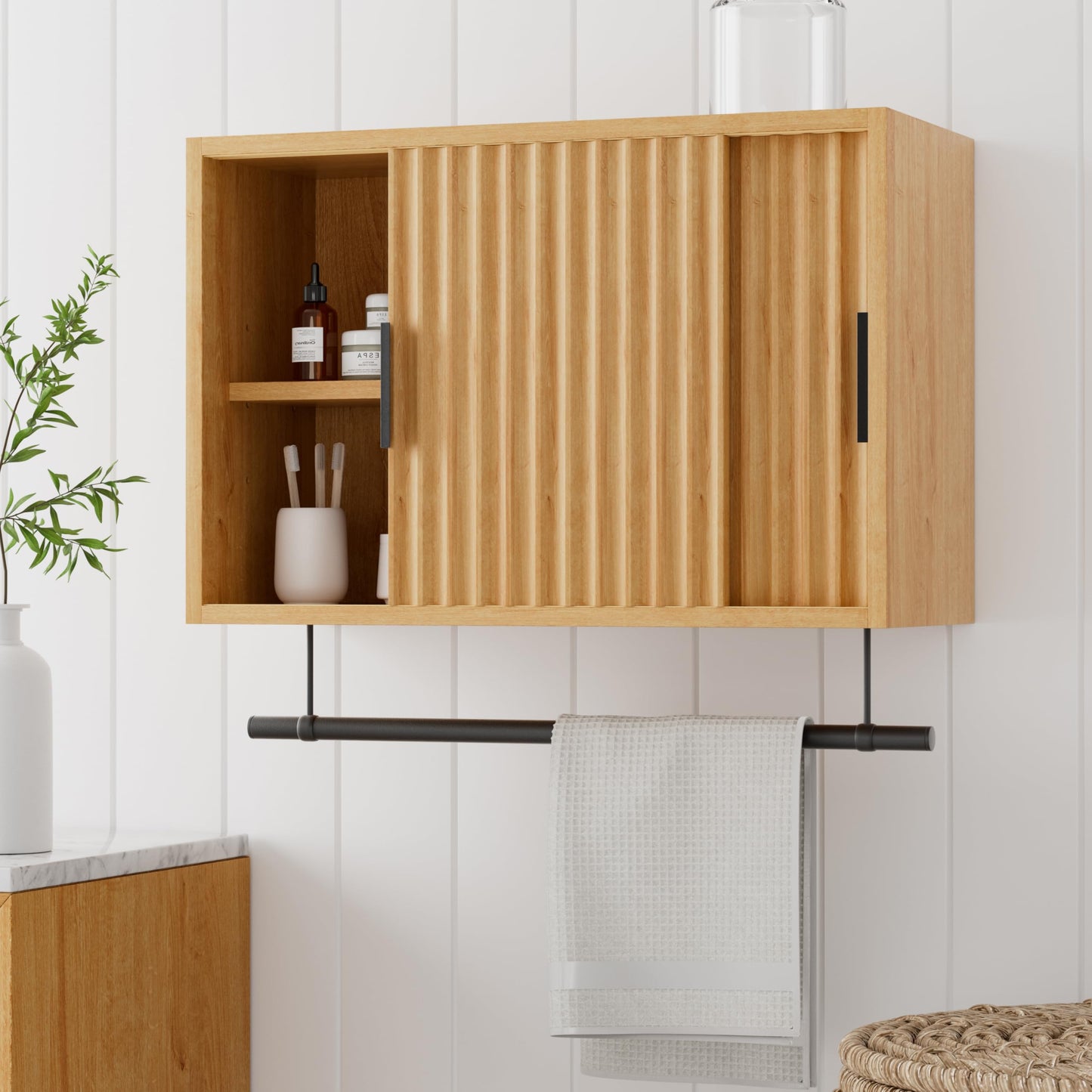 MoomJiee Bathroom Wall Cabinet with Fluted Sliding Door, Wooden Medicine Cabinet with Towels Bar Adjustable Shelf, Modern Farmhouse Wall MountedOver Toilet Storage Organizer, Natural Oak
