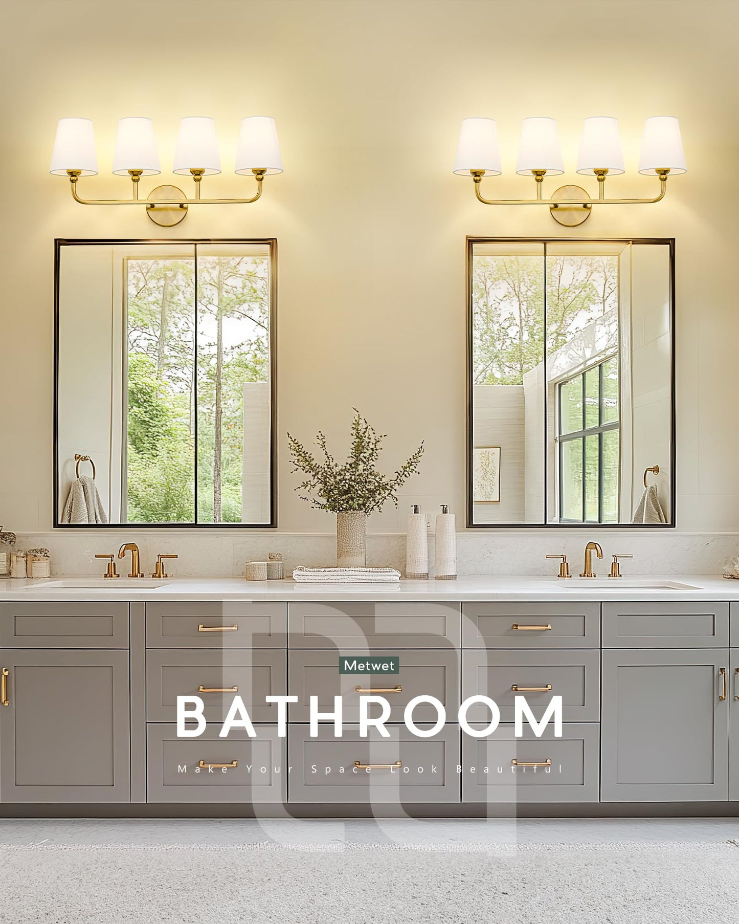 METWET Bathroom Light Fixtures, 4 Light Brushed Gold Vanity Lights with Flared White Fabric Shade, 28 Inch Wall Sconce, Modern Sconces Wall Lighting for Hallway Bedroom, VL837-BG-4