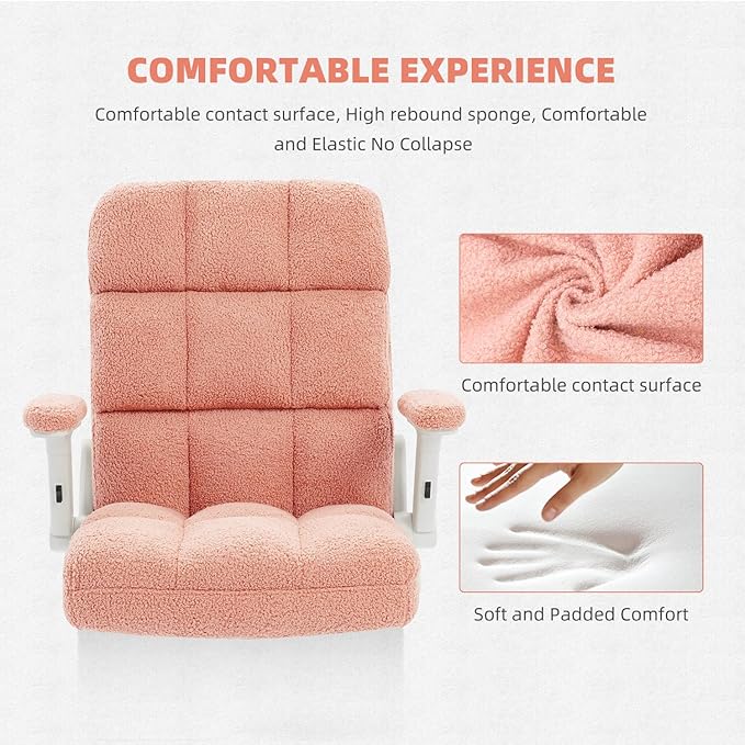 SEATZONE Pink Office Chair Ergonomic Computer Desk Chair with Wheels,Faux Fur Comfy Office Chair for Women and Girls,Teddy Fleece Material