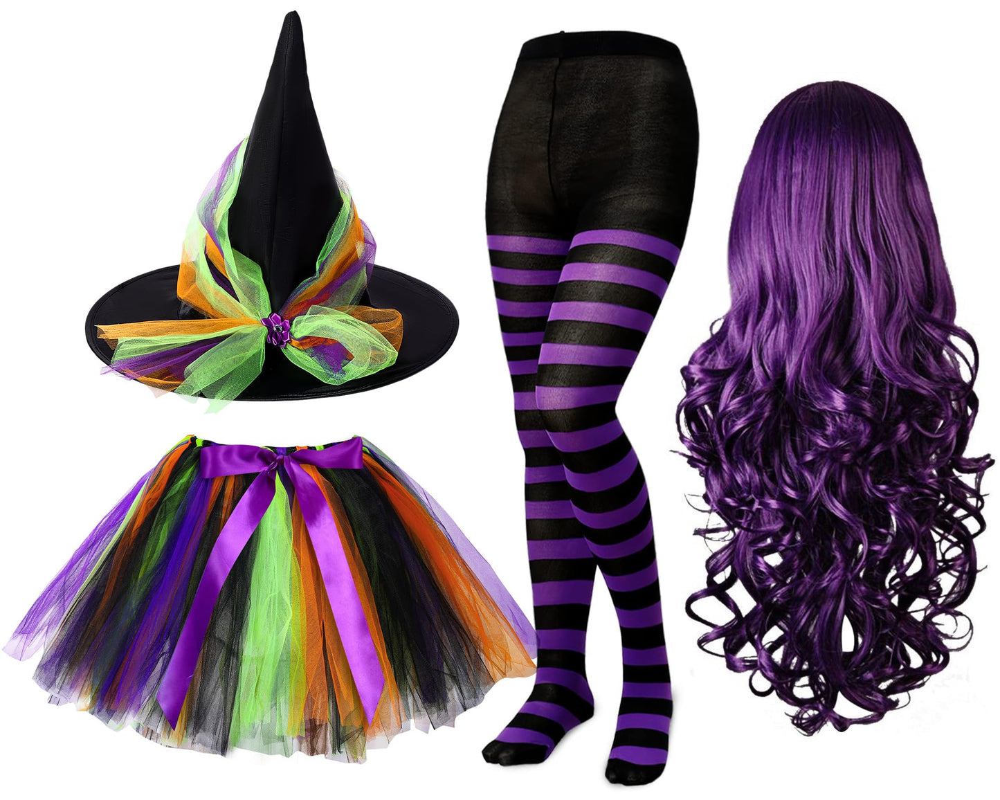 Kigeli 4 Pcs Halloween Witch Costume Set for Women Witch Tutu Outfit Skirt Hat Wig Striped Tights Cosplay (Green Purple)