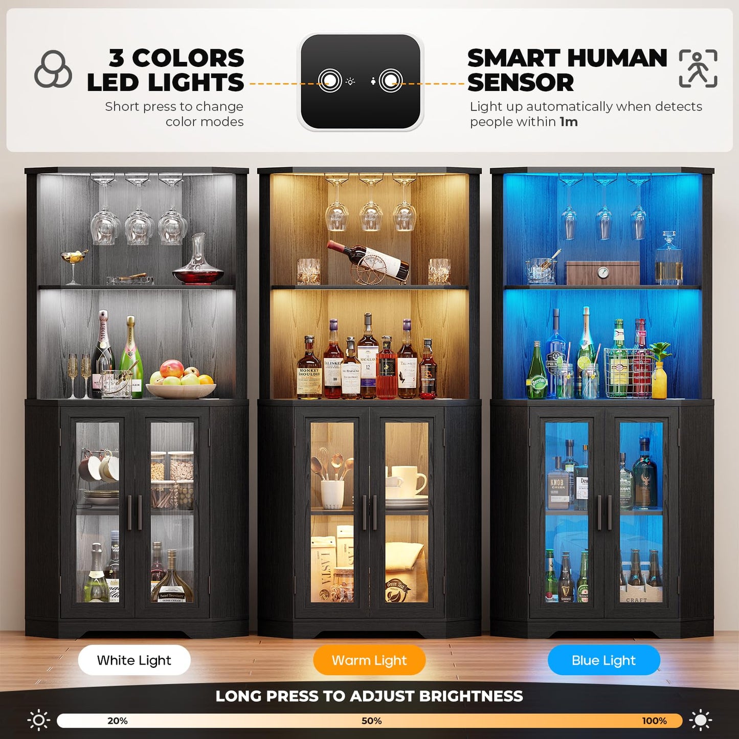 BROTTAR Corner Wine Bar Cabinet with LED Lights, 65" Tall Liquor Coffee Bar Cabinet with Glasses Holder & Tempered Glass Door, Alcohol Storage Hutch with Human Body Sensor for Dining Room, Black