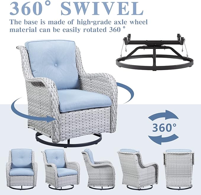 Belord Wicker Outdoor Furniture Patio Furniture Set - 6 Piece Patio Conversation Set with Swivel Rocker Chairs, Loveseat Sofa, Ottomans and Coffee Table, Baby Blue Cushion