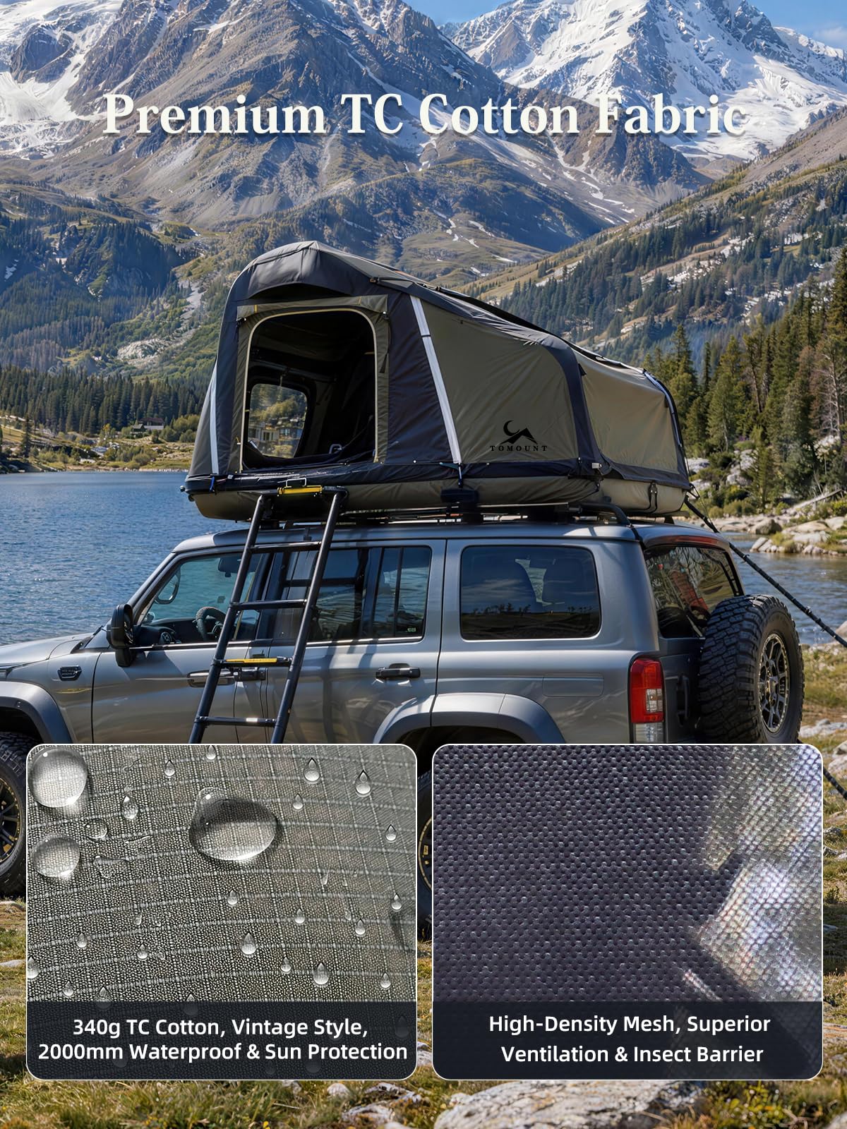 MC TOMOUNT Inflatable Rooftop Tent for Camping, Roof Top Truck Tent with Detachable Mattress, Panoramic Skylight & Ladder, Easy Setup Blow Up 2-3 Person Canvas Roof Tent for Car SUV Jeep Van