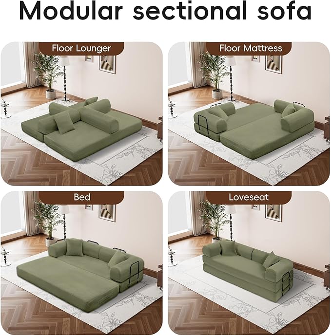 ZQRhome 79" 5-in-1 Convertible Sofa Bed, Luxe Comfort Sleeper with Sturdy Frame, No Assembly Corduroy Couch for Living Room, Apartment & Relaxation, Light Green