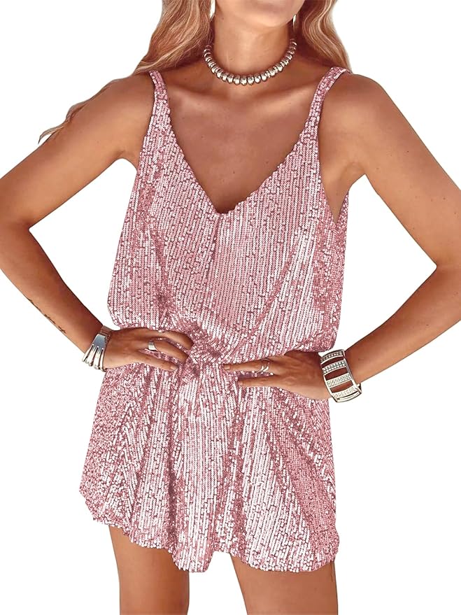 MIYIEONZ Women Sequin Sexy V Neck Shift Dress Sparkly Glitter Sleeveless Short Flowy Loose Party Night Out Club Dress