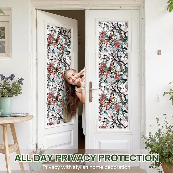 Stained Glass Window Film UV Resistant Window Privacy Film Butterfly Floral Privacy Rainbow Decals Living Room Bedroom Sun Blocking Decor Removable Static Cling Stickers 17 x 39.37 Inch