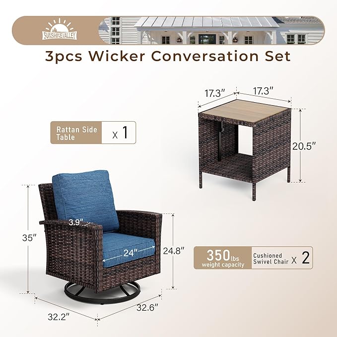 SUNSHINE VALLEY Patio Wicker Swivel Chairs Set of 2, Outdoor High Back Chairs with 5.5" Waterproof Cushions and Side Table, Outdoor Furniture Set for Deck Porch and Yard, Peacock Blue