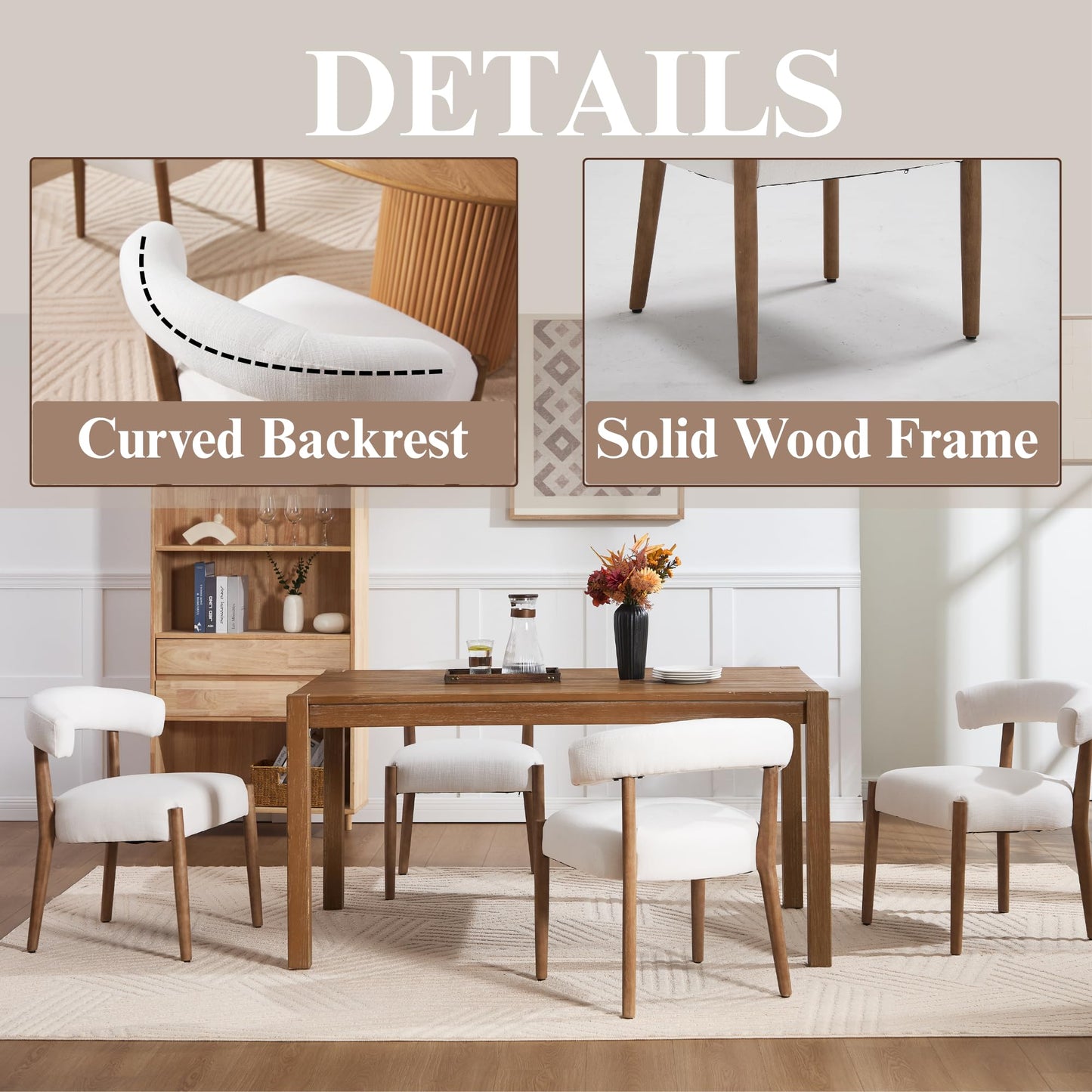 Janoray Dining Chairs Set of 2,Mid Century Modern Living Room Chairs with Unique Curved Open Back Comfy Upholstered Side Chair for Kitchen/Restaurant/Reception,Linen Beige