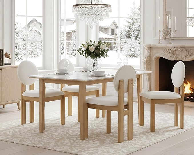 Wahson Modern Wood Dining Chairs Set of 4, Farmhouse Beige Linen Kitchen Chairs with Round Back and Wooden Legs, Mid-Century Armless Upholstered Accent Chairs for Dining Room/Living Room/Restaurant