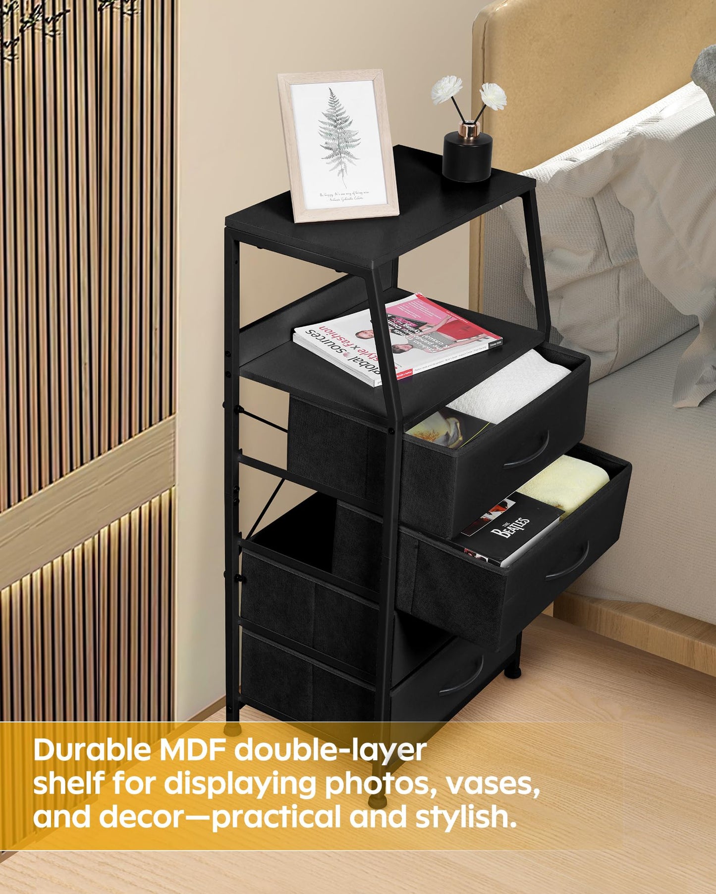 YNCLCS Dresser for Bedroom, Fabric Nightstand Tall Dresser & Chests of Drawers with 4 Drawers, Vertical Organizer Storage Tower Unit for Bedroom, Hallway, Entryway Black