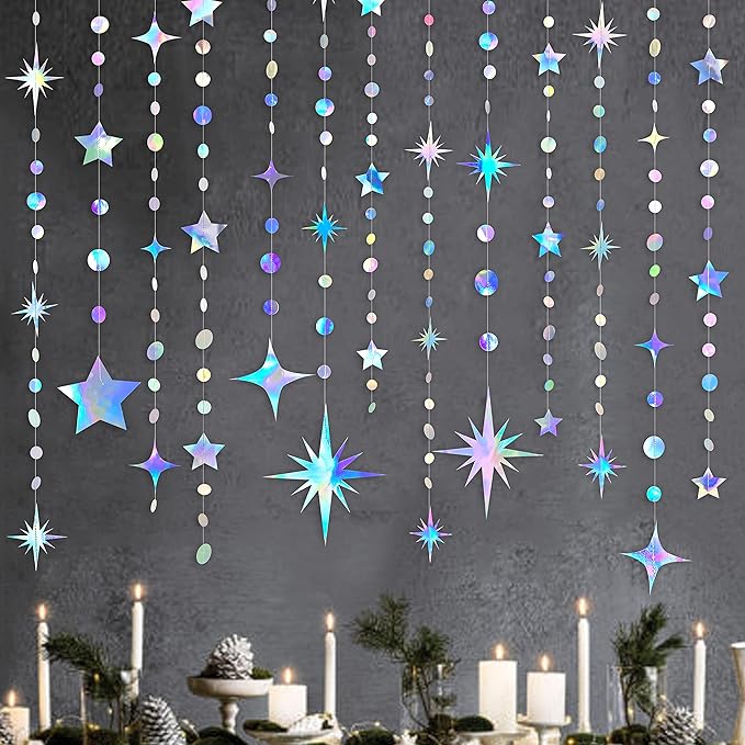 Iridescent Party Decorations Star Circle Dot Paper Garland Banner Bunting Streamer Metallic Hanging Twinkle Star Decoratio...