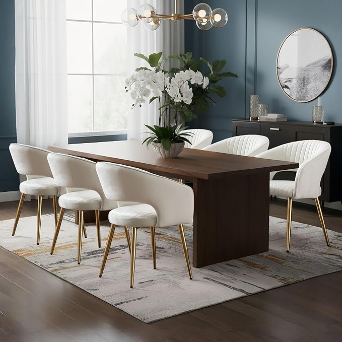 COMULER Cream Velvet Dining Chairs Gold Legs, Modern Dining Room Chairs with Arms Set of 6 Upholstered Accent Chair Armchair with Barrel Back for Kitchen Living Room