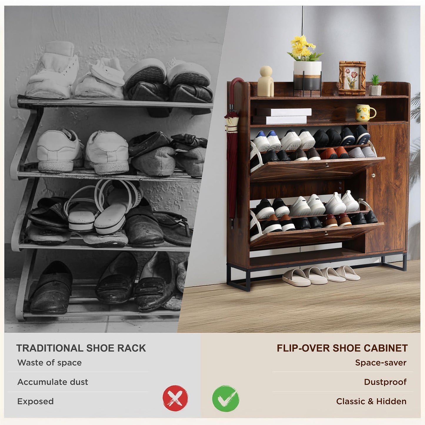 SunSettler Shoe Storage Cabinet with 2 Flip Drawers & Side Cabinet, Freestanding Shoe Organizer with Metal Legs for Entryway, Narrow Shoe Rack Cabinet, Rustic Brown