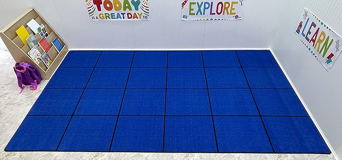 Kids Carpet Blocks Seating Classroom Rug Blue with 24 Squares, 7'6" x 12' Rectangle Educational Rug for Home or School Learning Area | Area Rug for Kids