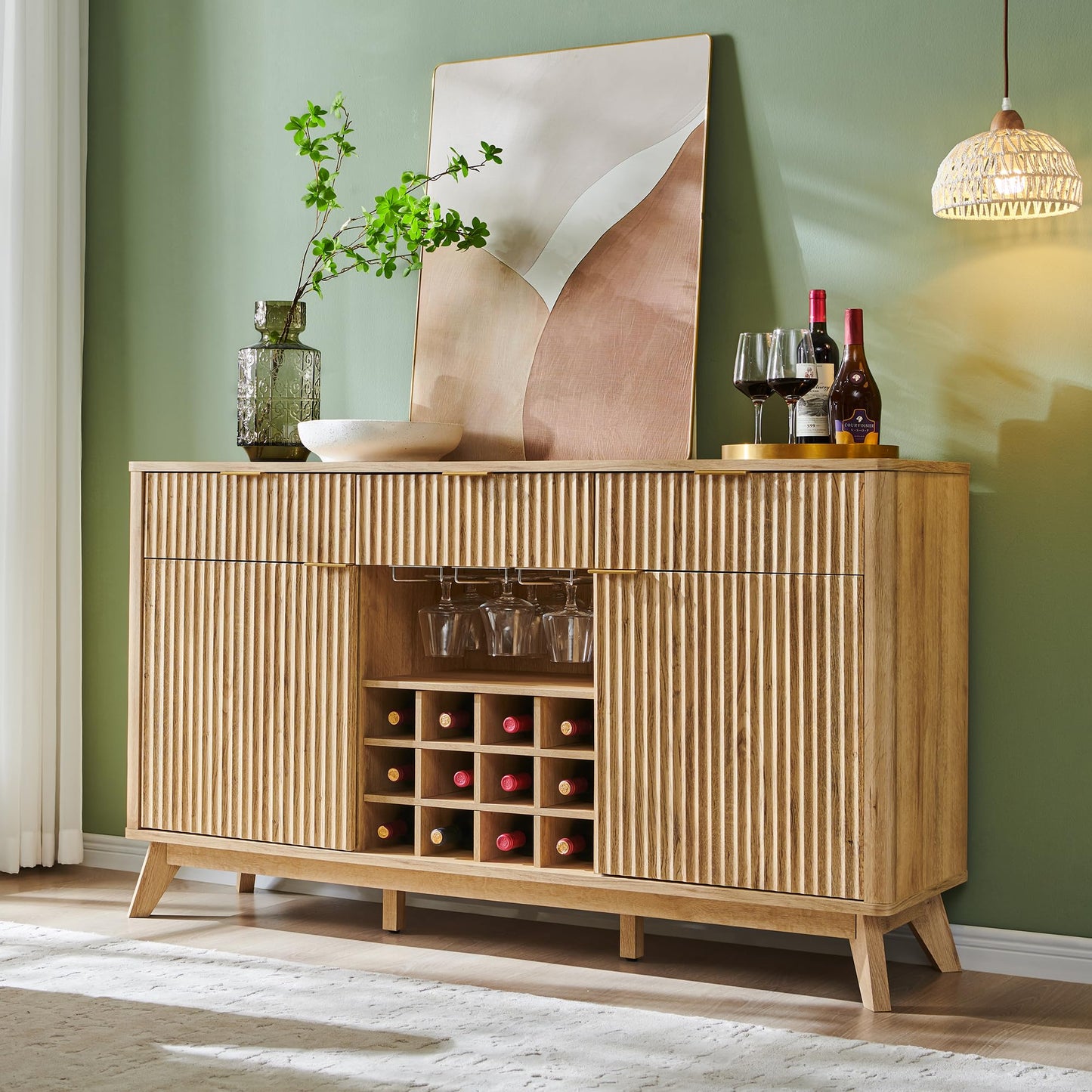 OKD 60" Fluted Buffet Cabinet with Storage - 3 Drawers and 2 Doors, Mordern Wine & Coffee Bar Cabinet with Wine and Glass Racks, Sideboard with Adjustable Shelves for Kitchen, Dining Room,Natural Oak