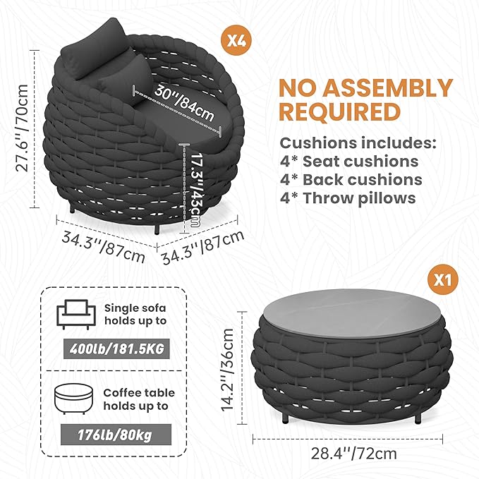 Erotr Aluminum Front Porch Furniture Set: 5 Pieces Woven Rope Patio Conversation Set - All Weather Cushioned Outdoor Sofa Set Assembled - Metal Modern Couch Set 400lb Deck Garden Pool Hotel, Dark Gray