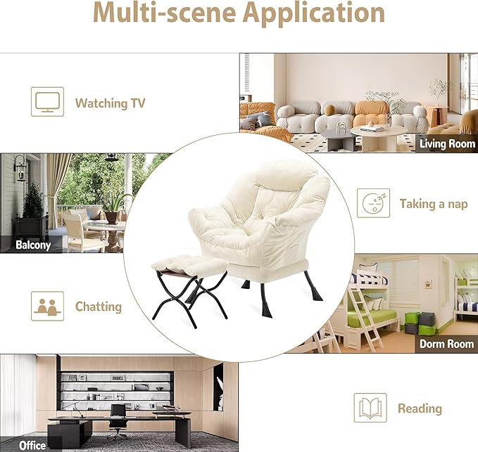 Youtanic Lazy Chair with Folding Ottoman, Accent Chair Plush Upholstered with Metal Structure and Non-Slip Pads, Sofa Armchair with Footrest and Side Storage Bag for Dorm, Room, Office, Beige