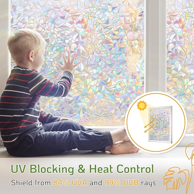 LUTE Window Privacy Film, Rainbow Window Film, 3D Decorative Stained Glass Cling, Non-Adhesive Vinyl Static Cling Removable Glass Stickers, Sun UV Blocking Decal Covering for Home, 11.8 x 78.7 inches