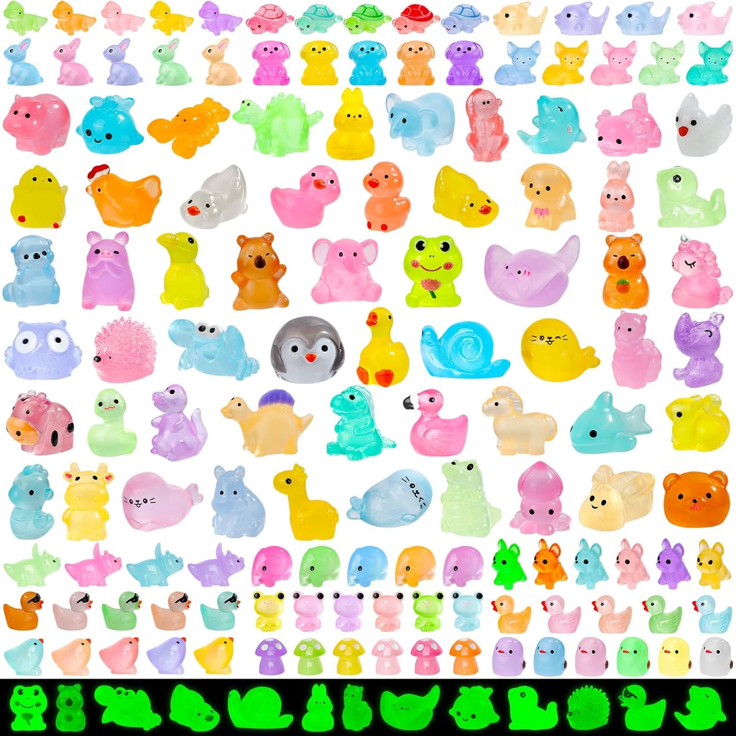 180pcs Luminous Mini Resin Animals Colorful Tiny Small Little Glow in the Dark Mini Resin Figures to Hide Miniature Animal Figurines for DIY Dollhouse Micro Garden Landscape Aquarium Decor Gift Crafts