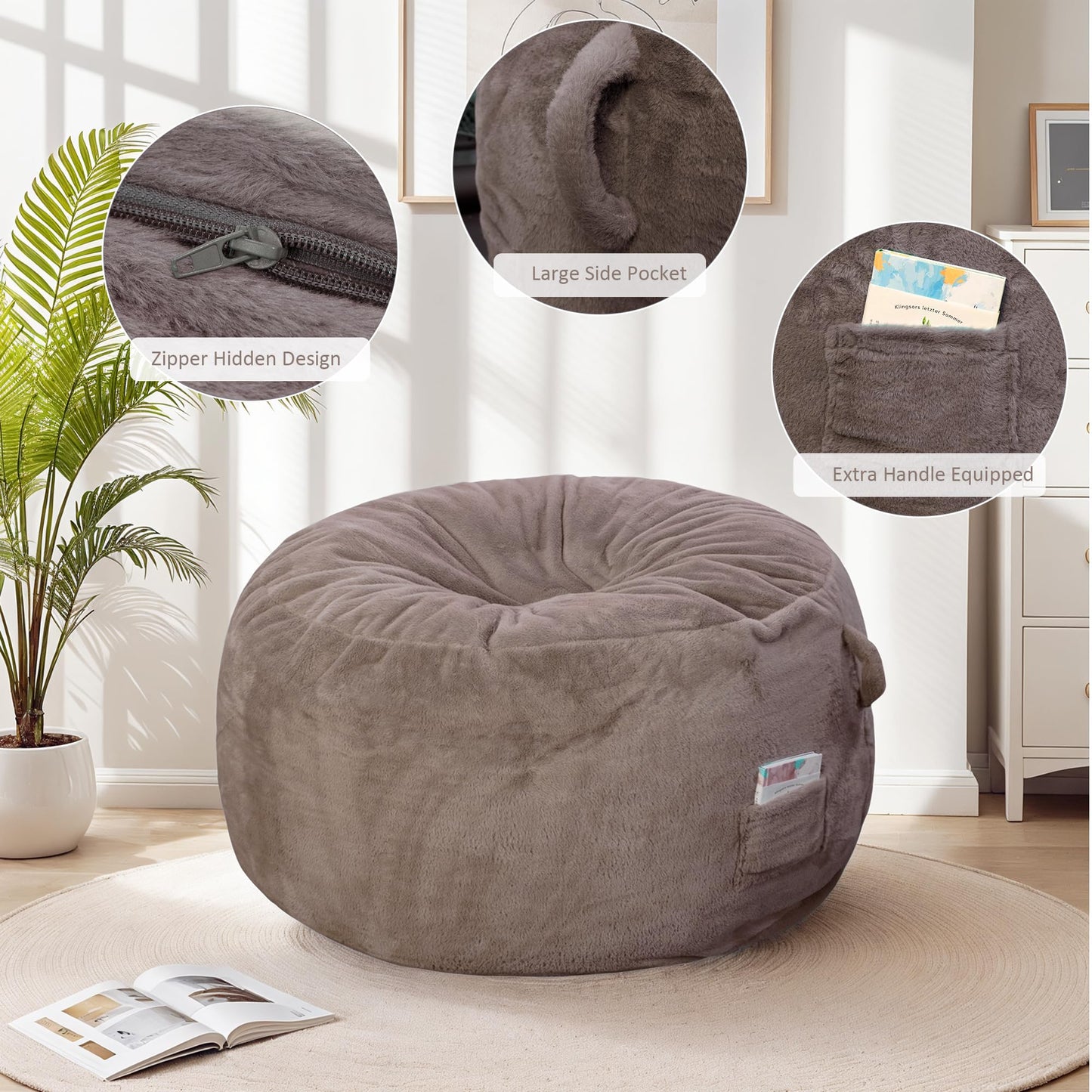 LFCREATOR Giant Bean Bag Chair for Adults, Faux Fur Bean Bag Chair Bed with Mattress Bed Use, Convertible Bean Bag Sofa Bed with Filler Included for Living Room,Bedroom, Brown.Large-Sized
