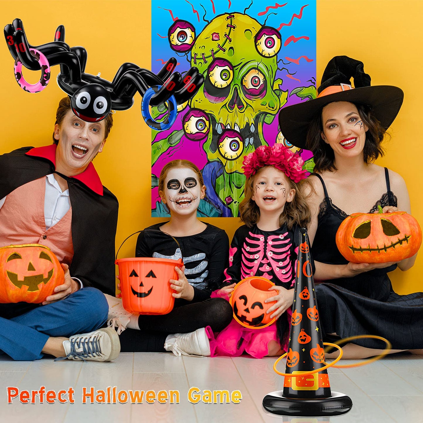 Sumind Pin The Eyeball Zombie Halloween Party Game - Inflatable Spiders, Witch's Hat Toss, Ring Toss Throw Set for Adult Indoor/Outdoor Parties